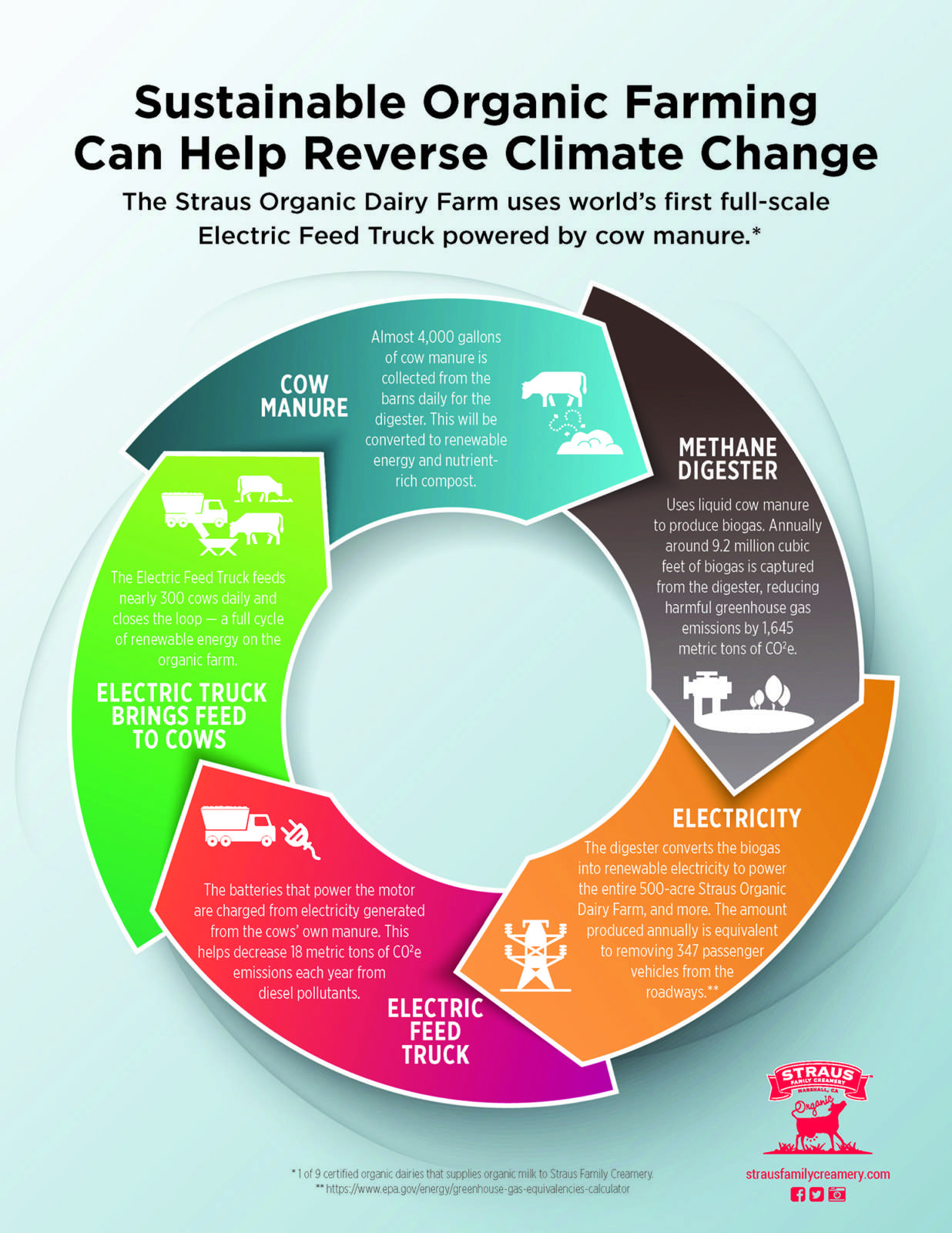 A chart showing how Straus dairy uses sustainable organic farming to help reverse climate change through sustainable practices.