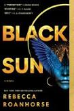 Book cover of "Black Sun," featuring the lower half of a face, in blue, with blue wings superimposed. 