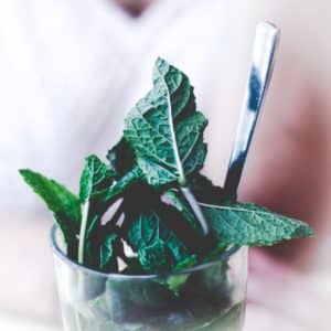 A close up of mint leaves in a glass, with a spoon.