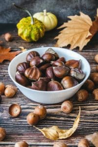 A white ceramic bowl of shelled chestnuts on a wooden surface, with acorns scattered in front and to the side of the bowl. In the background there are fall leaves and small pumpkins.