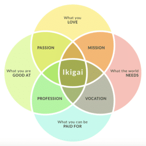 Ikigai venn diagram split into four categories of passion, mission, profession, and vocation